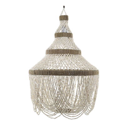 Ivory seashell and pearl tiered chandelier with iron frame, natural bands, intricate detailing and scalloped strands.