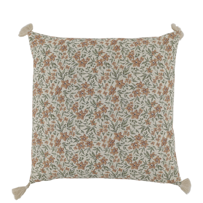 Square ivory cushion with delicate taupe flowers, sage green foliage and decorative cream tassels at each corner.