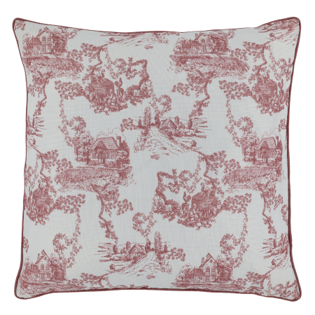 Chic Etoile cushion in ivory with a delicate rose pink French toile countryside pattern and matching piped edges.