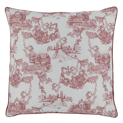 Chic Etoile cushion in ivory with a delicate rose pink French toile countryside pattern and matching piped edges.