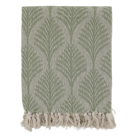 Soft sage green woven throw featuring an elegant ivory herringbone leaf pattern, textured finish and cream fringed edging.