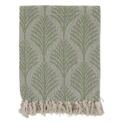 Soft sage green woven throw featuring an elegant ivory herringbone leaf pattern, textured finish and cream fringed edging.