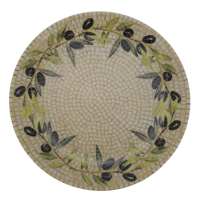Round Chartres mosaic tray with a border of green olive branches, black olives and concentric cream and ivory tiles.