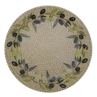 Chartres Olive Grove Mosaic Large Plate – Set of Two Round Chartres mosaic tray with a border of green olive branches, black olives and concentric cream and ivory tiles.