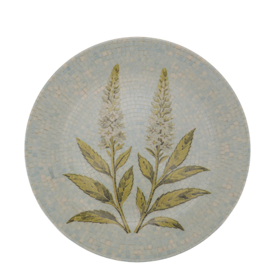 Chartres White Flower Spires Mosaic Plate - Set of Two Round Chartres mosaic tray with two white flower spikes, olive green leaves and a pale blue and cream tiled background.
