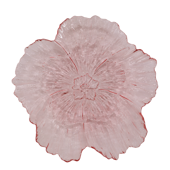 Blush pink glass flower bowl with five textured petals, scalloped edges, delicate floral centre and translucent finish.