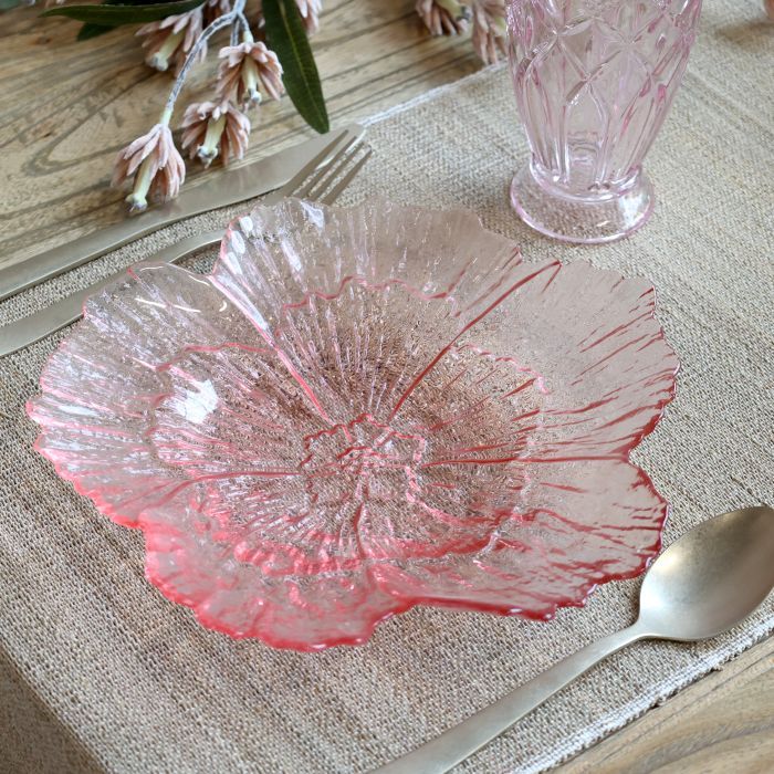 Blush pink glass flower bowl with five textured petals, scalloped edges, delicate floral centre and translucent finish.