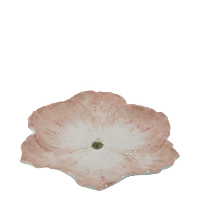 Blush pink ceramic flower bowl with rippled petals, delicate raised stamens, creamy white centre and green heart.