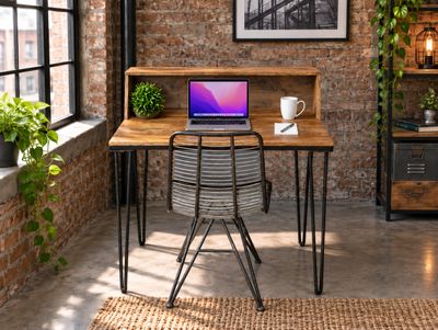 The Brambleford Rustic Wooden Writing Desk with Raised Shelf with Brunel Chair