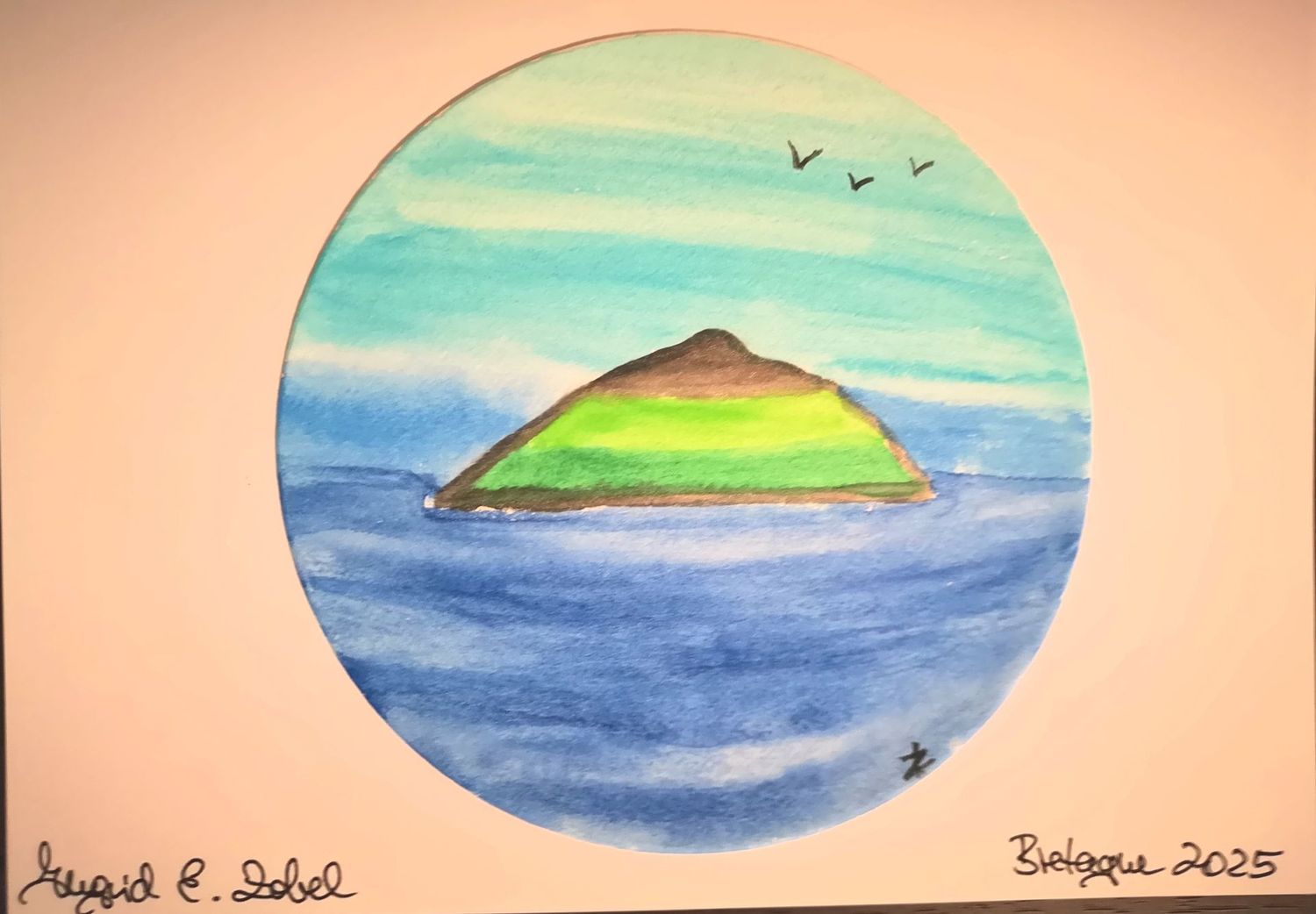 Aquarell Bretagne Insel drei Möwen rund Aquarell Bretagne Insel drei Möwen rund