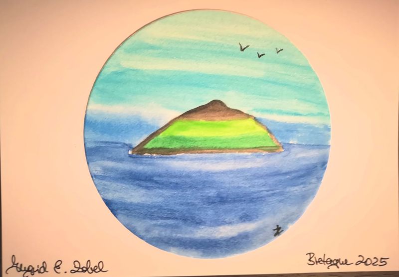 Aquarell Bretagne Insel drei Möwen rund Aquarell Bretagne Insel drei Möwen rund