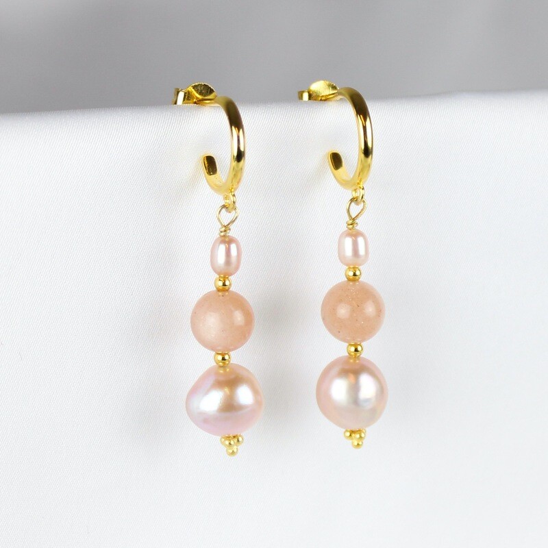 Sand-månesten øreringe m. perler (forgyldt)