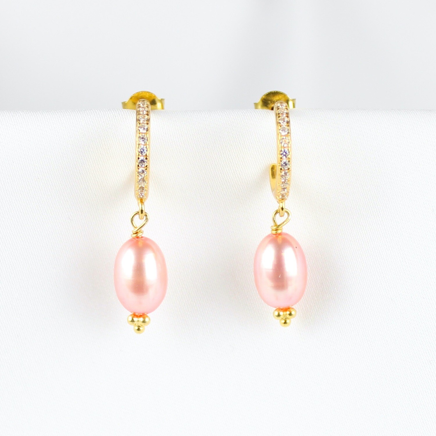Rosa ferskvandsperle øreringe m. rhinsten