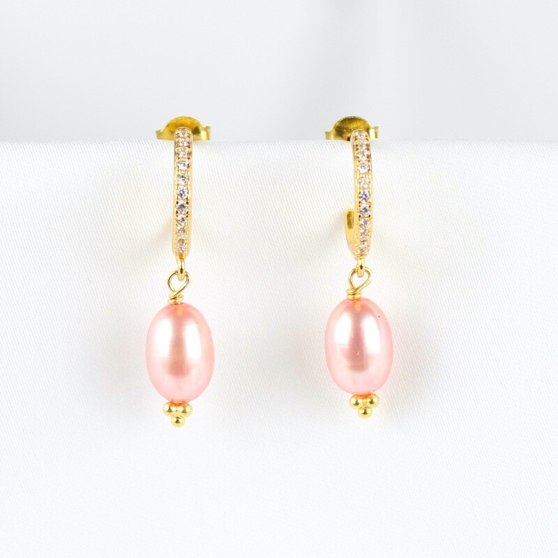 Rosa ferskvandsperle øreringe m. rhinsten