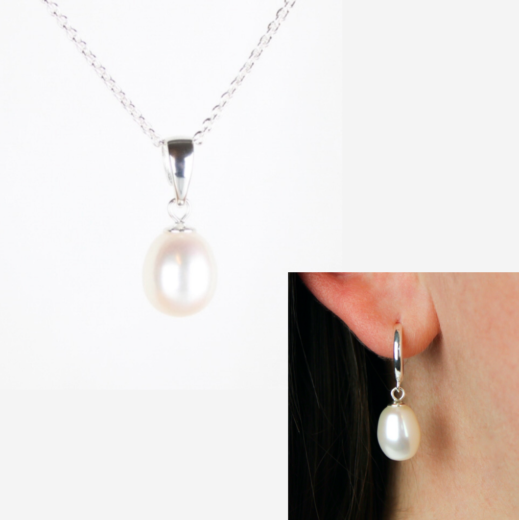 Smykkesæt - Sølv med hvide ferskvandsperler &amp; Creoler