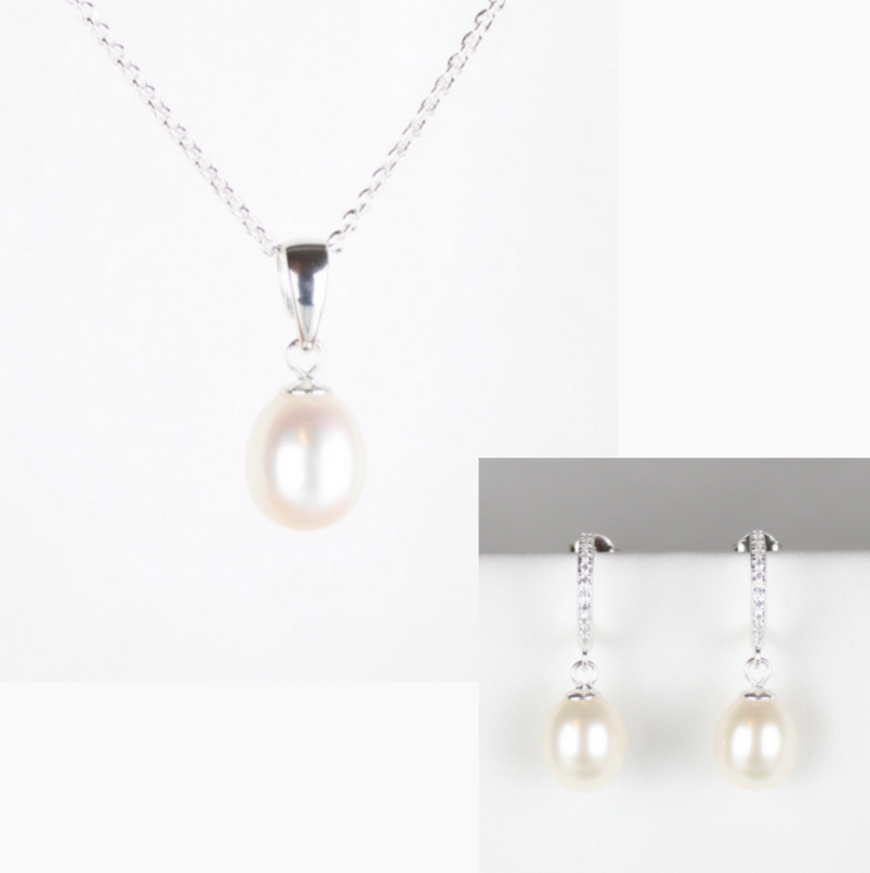Smykkesæt - Sølv med hvide ferskvandsperler &amp; rhinsten