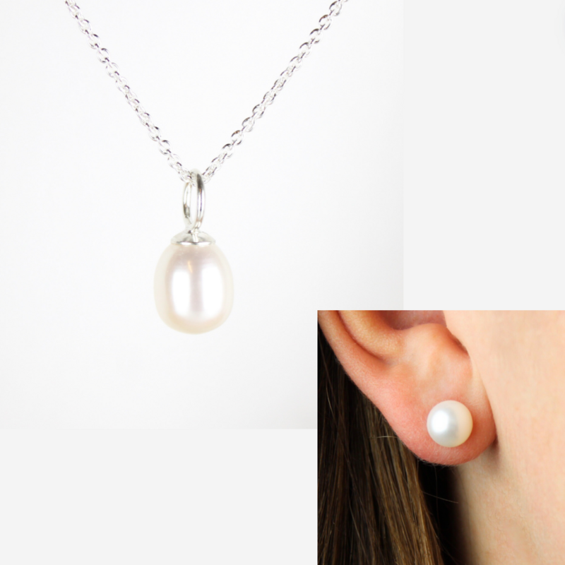 Smykkesæt - Sølv med hvide ferskvandsperler &amp; ørestikker