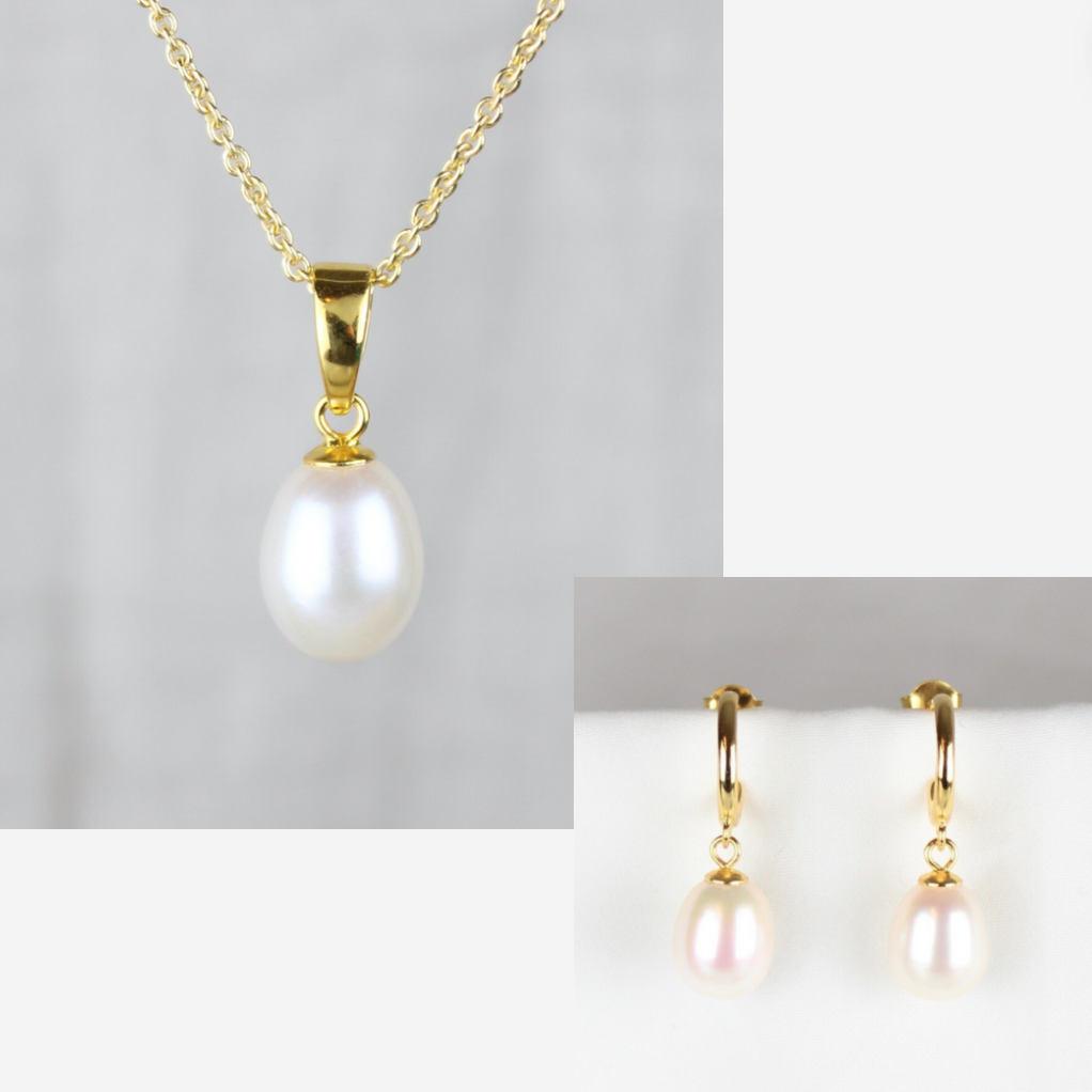 Smykkesæt - Forgyldt med hvide ferskvandsperler