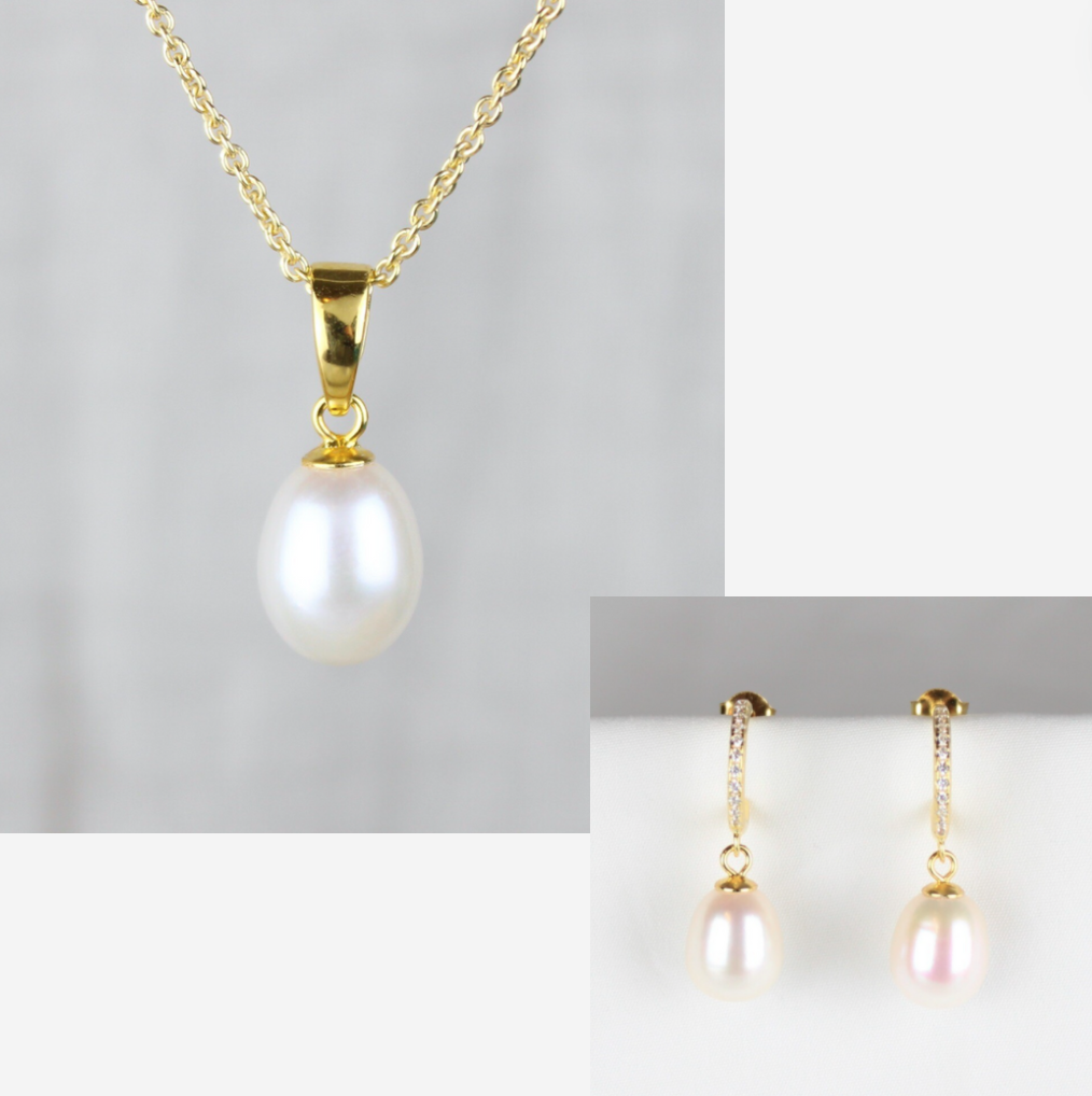 Smykkesæt - forgyldt med hvide ferskvandsperler &amp; rhinsten creoler