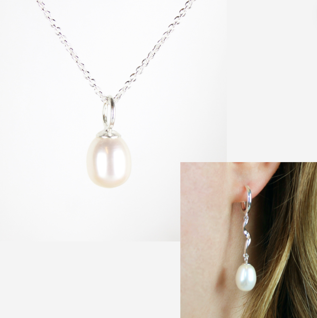 Smykkesæt - Sølv med hvide ferskvandsperler &amp; snoet creoler