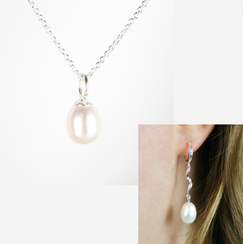 Smykkesæt - Sølv med hvide ferskvandsperler &amp; snoet creoler