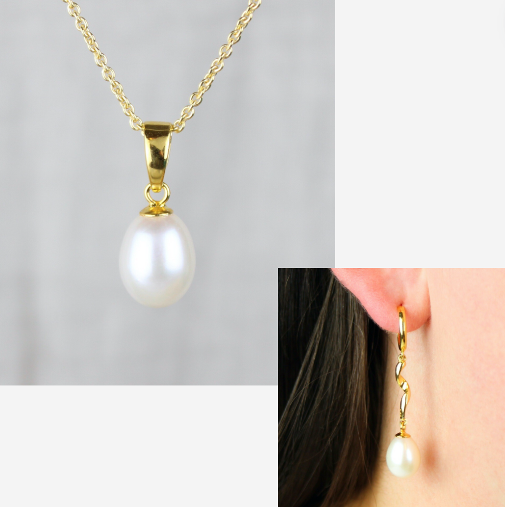 Smykkesæt - forgyldt med hvide ferskvandsperler &amp; snoet creoler