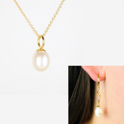 Smykkesæt - forgyldt med hvide ferskvandsperler &amp; snoet creoler