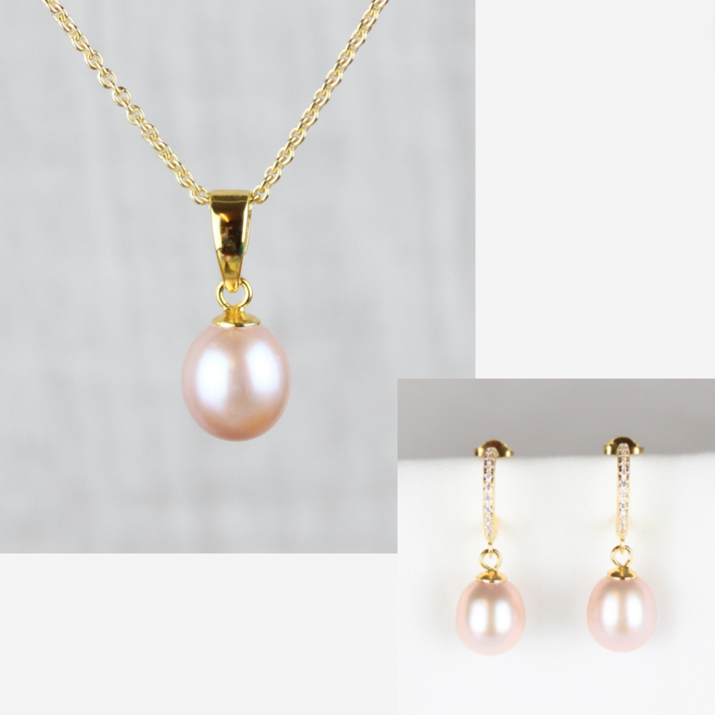 Smykkesæt - Forgyldt med rosa ferskvandsperler &amp; rhinsten