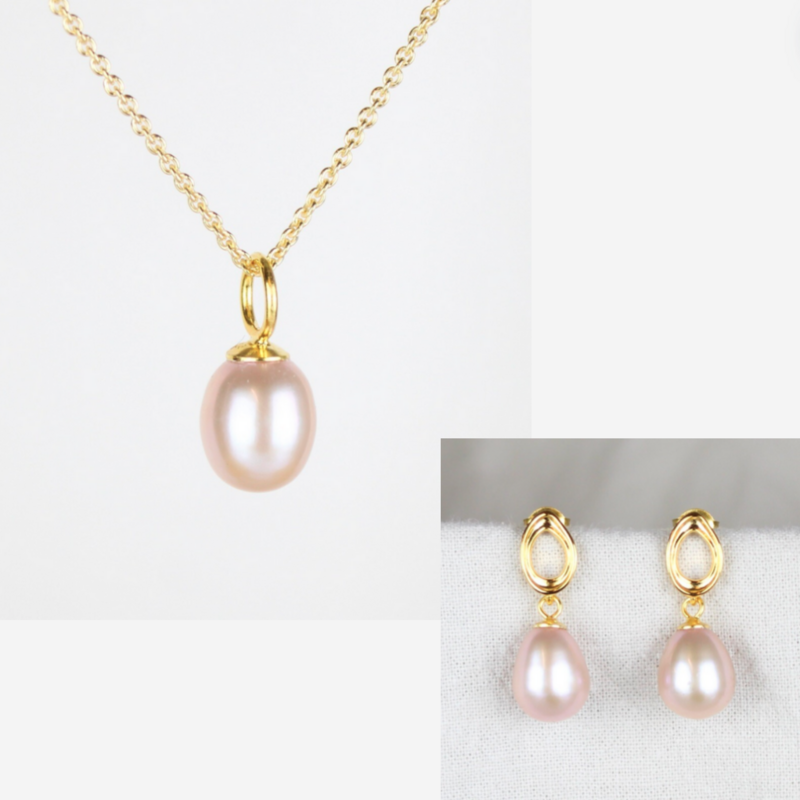 Smykkesæt - Forgyldt med rosa ferskvandsperler &amp; ovale creoler