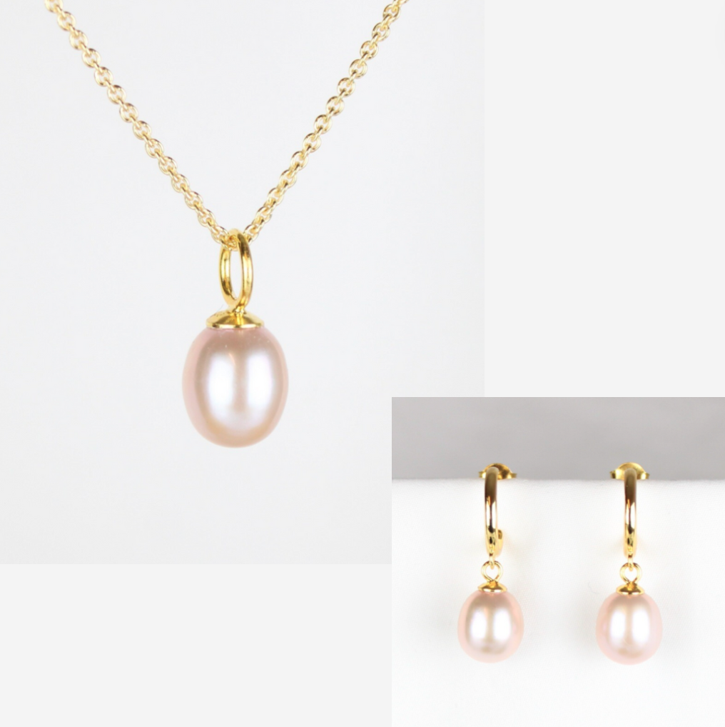 Smykkesæt - Forgyldt med rosa ferskvandsperler