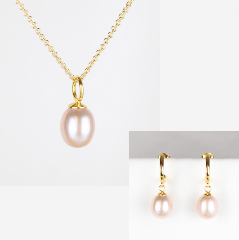 Smykkesæt - Forgyldt med rosa ferskvandsperler