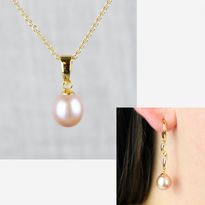 Smykkesæt - Forgyldt med rosa ferskvandsperler &amp; snoet creoler