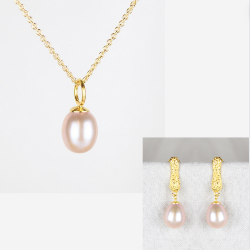 Smykkesæt - Forgyldt med rosa ferskvandsperler &amp; aflange ørestikker