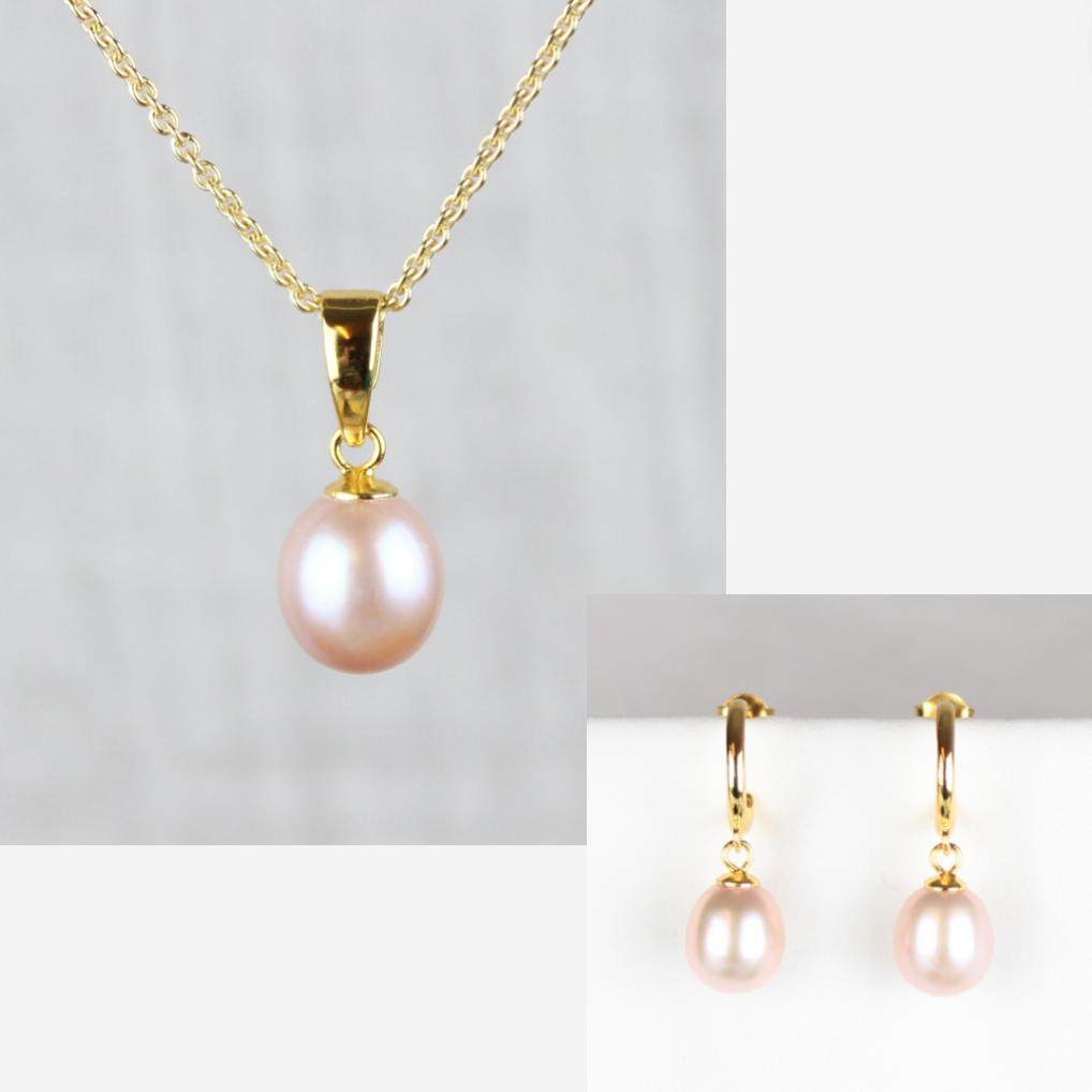 Smykkesæt - Forgyldt med rosa ferskvandsperler