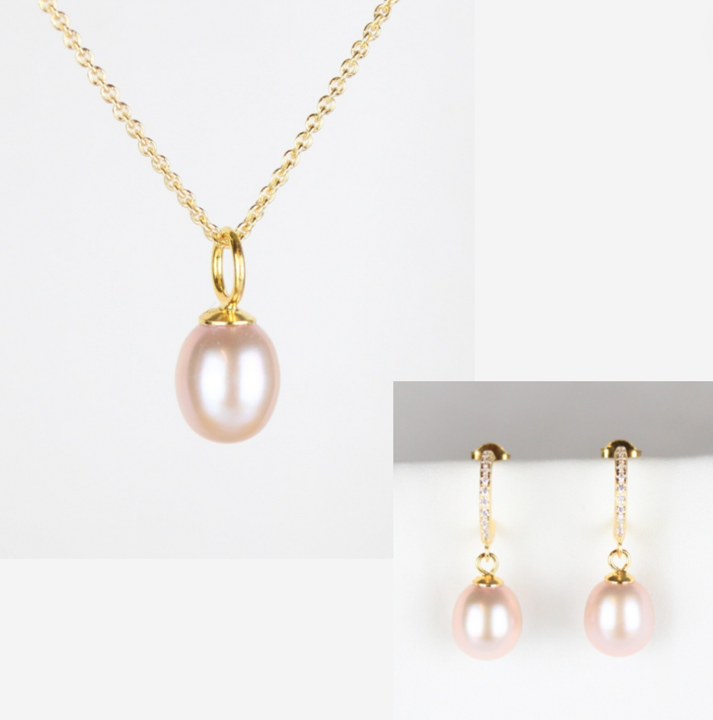 Smykkesæt - Forgyldt med rosa ferskvandsperler &amp; rhinsten