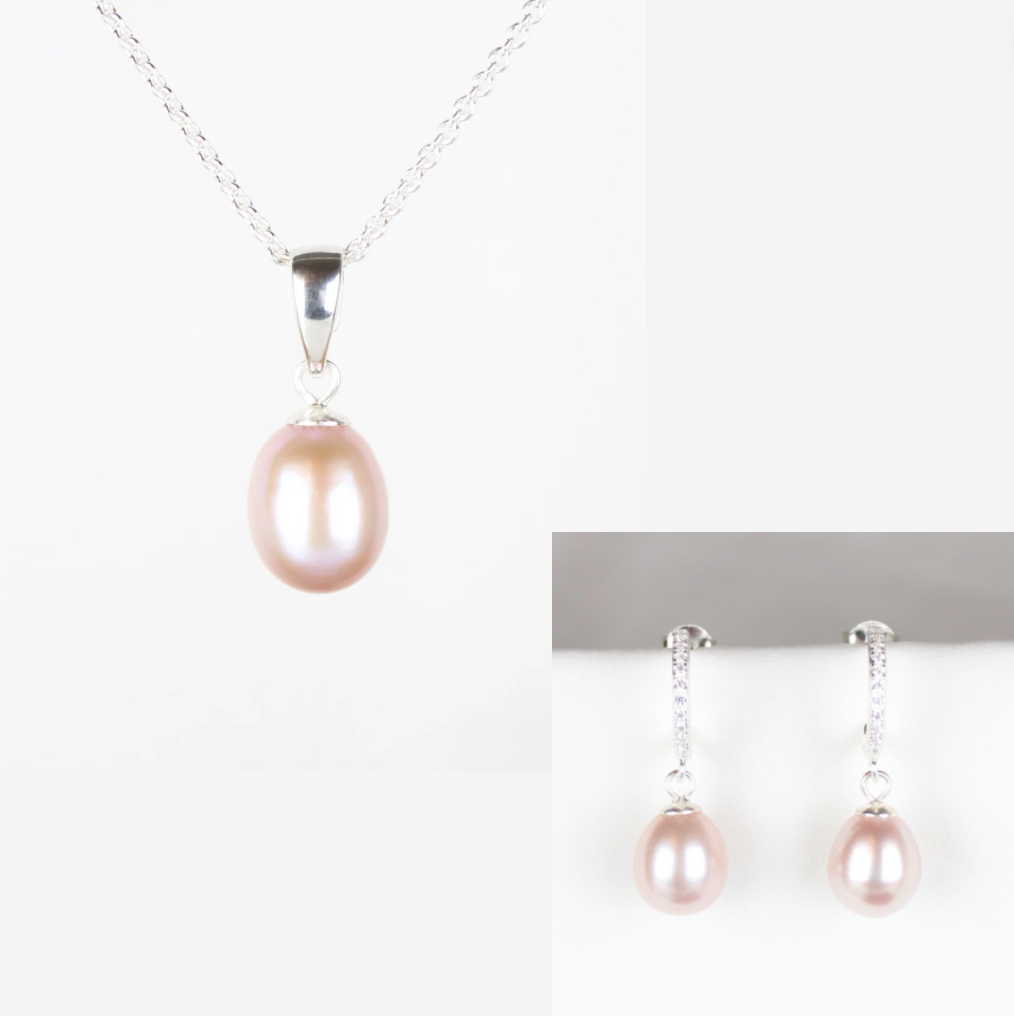 Smykkesæt - Sølv med rosa ferskvandsperler &amp; rhinsten