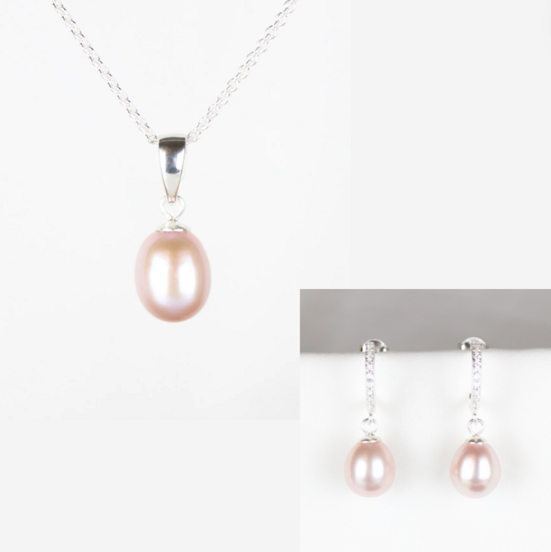 Smykkesæt - Sølv med rosa ferskvandsperler &amp; rhinsten