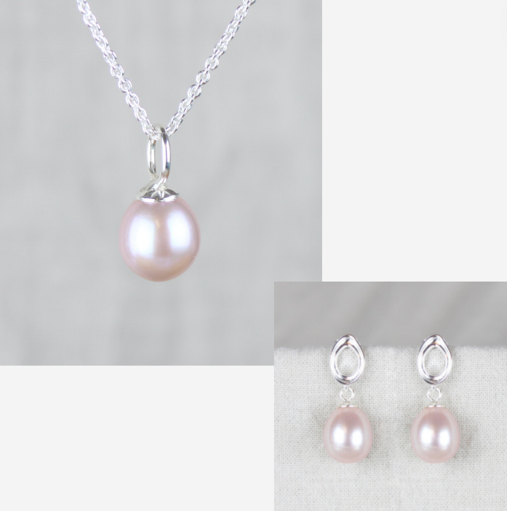 Smykkesæt - Sølv med rosa ferskvandsperler &amp; ovale bestikker