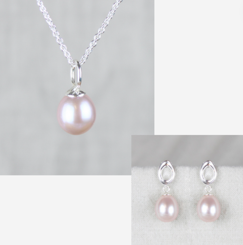 Smykkesæt - Sølv med rosa ferskvandsperler &amp; ovale bestikker