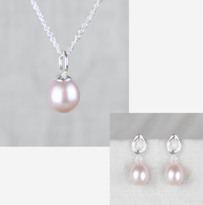 Smykkesæt - Sølv med rosa ferskvandsperler &amp; ovale bestikker