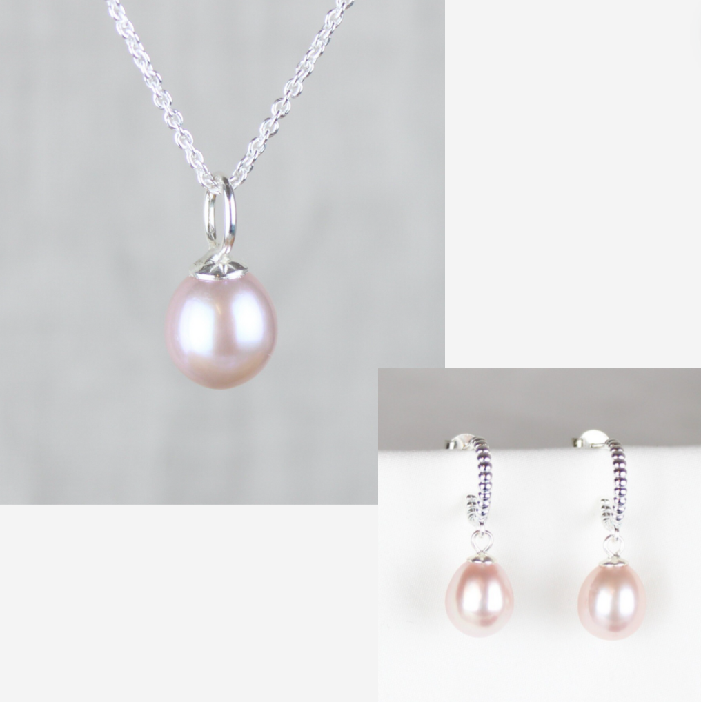 Smykkesæt - Sølv med rosa ferskvandsperler &amp; kugle creoler