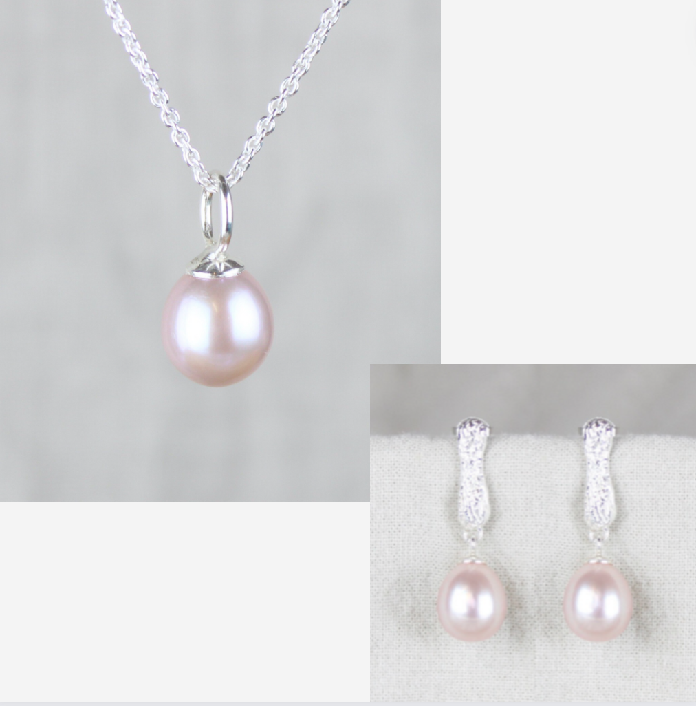 Smykkesæt - Sølv med rosa ferskvandsperler &amp; aflange ørestikker