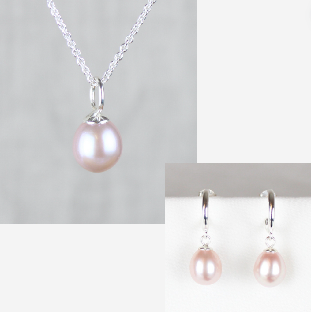 Smykkesæt - Sølv med rosa ferskvandsperler &amp; kugle creoler