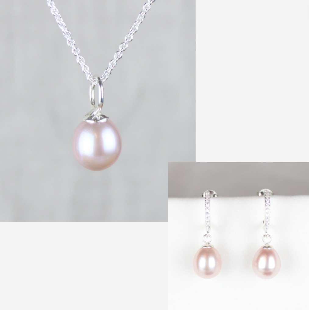 Smykkesæt - Sølv med rosa ferskvandsperler &amp; rhinsten