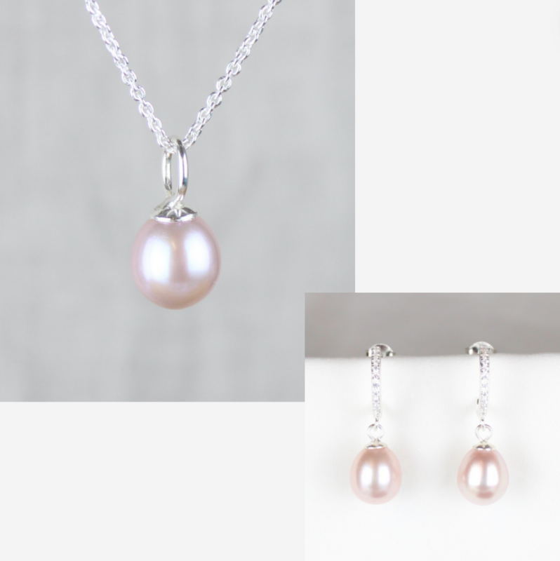 Smykkesæt - Sølv med rosa ferskvandsperler &amp; rhinsten