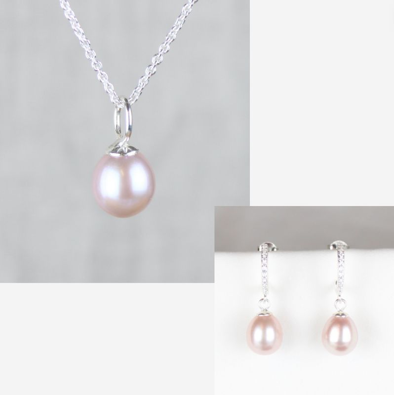 Smykkesæt - Sølv med rosa ferskvandsperler &amp; rhinsten