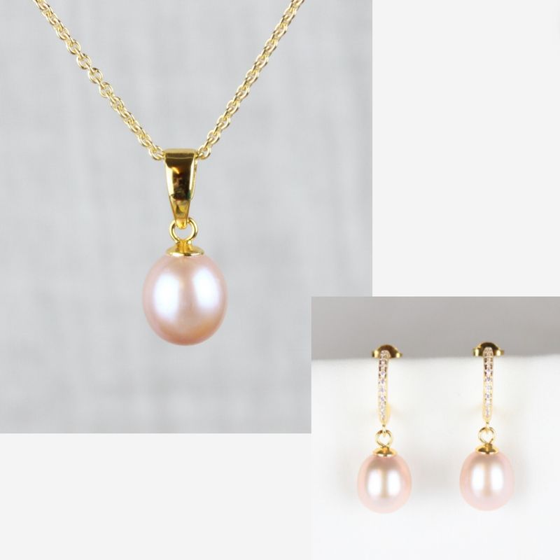 Smykkesæt - Forgyldt med rosa ferskvandsperler &amp; rhinsten