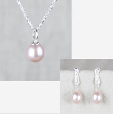 Smykkesæt - Sølv med rosa ferskvandsperler &amp; aflange ørestikker