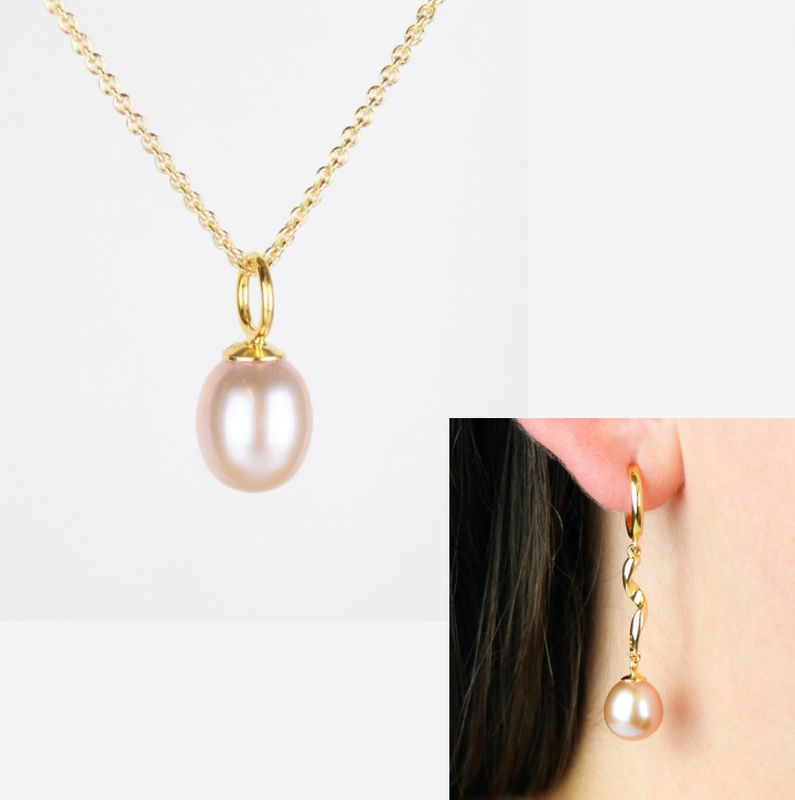 Smykkesæt - Forgyldt med rosa ferskvandsperler &amp; snoet creoler