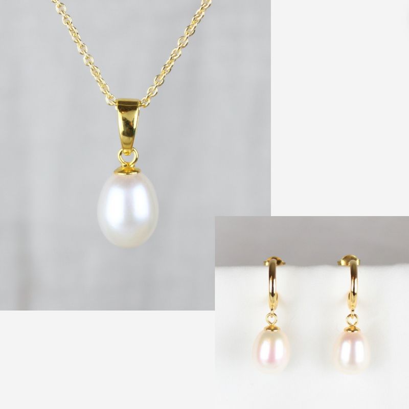 Smykkesæt - Forgyldt med hvide ferskvandsperler